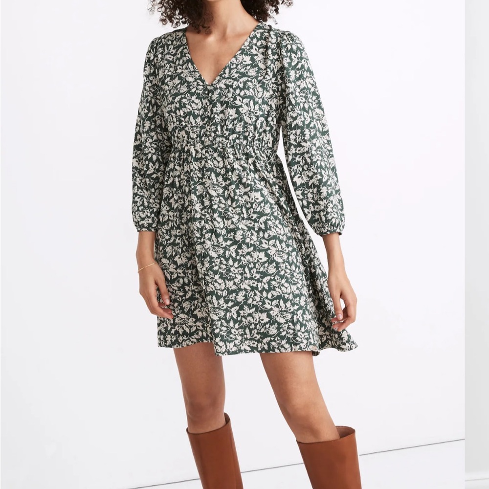 Madewell V-Neck Button-Front Mini Dress in Forest Leaves